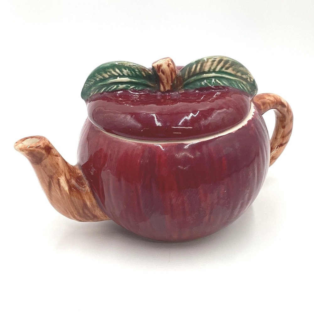 Vintage Red Apple Ceramic Teapot with Lid Hand Painted Fruit Shape Fall Decor